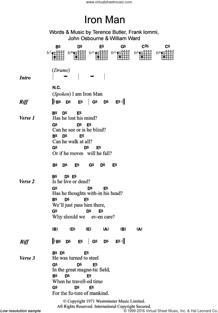 Iron Man sheet music for guitar (chords) by Black Sabbath, Frank Iommi, John Osbourne and William Ward, intermediate skill level