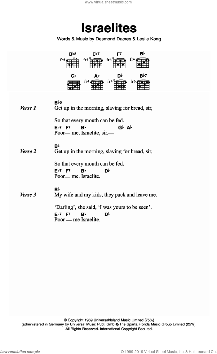 The Israelites sheet music for guitar (chords) by Desmond Dekker & The Aces, Desmond Dacres and Leslie Kong, intermediate skill level