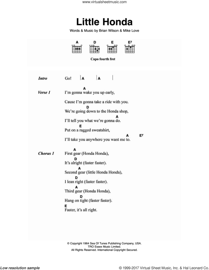 Little Honda sheet music for guitar (chords) by The Beach Boys, Brian Wilson and Mike Love, intermediate skill level