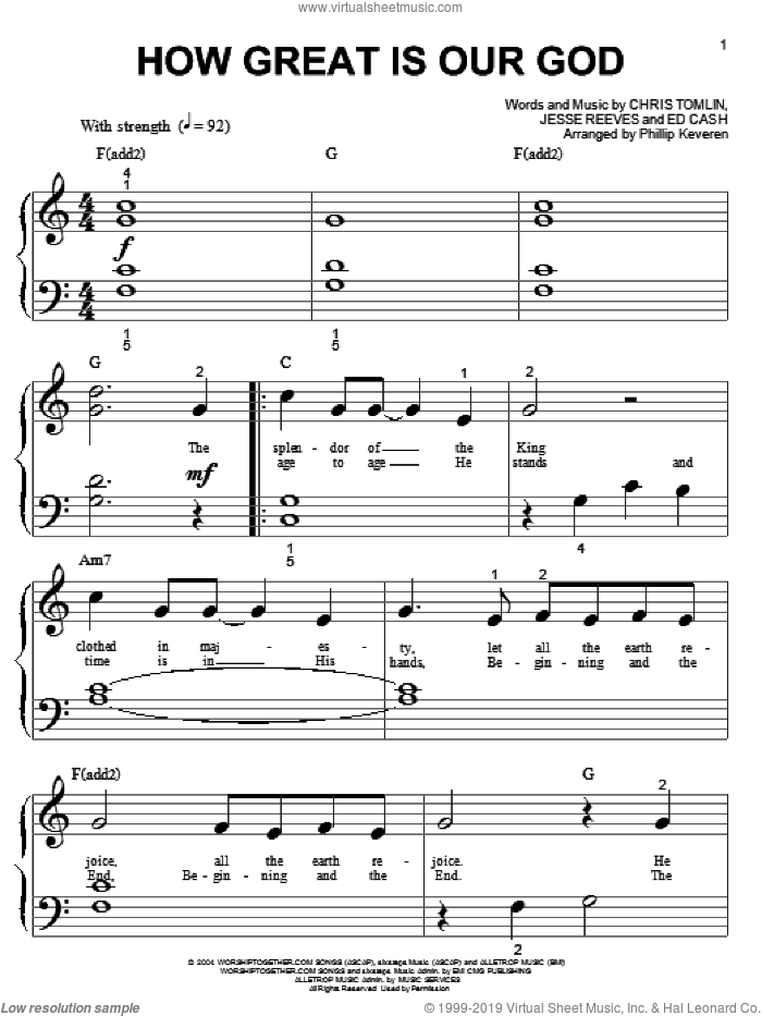 How Great Is Our God (arr. Phillip Keveren) sheet music for piano solo (big note book) by Chris Tomlin, Phillip Keveren, Ed Cash and Jesse Reeves, easy piano (big note book)