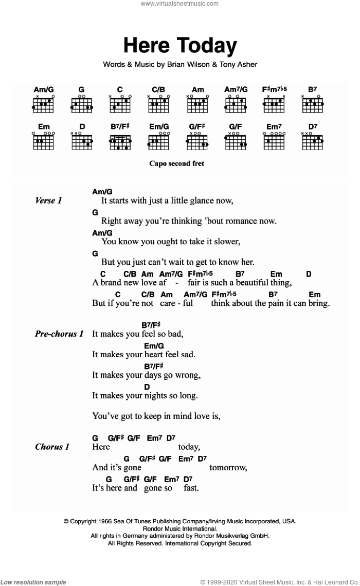 Here Today sheet music for guitar (chords) by The Beach Boys, Brian Wilson and Tony Asher, intermediate skill level