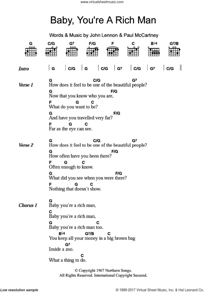 Baby You're A Rich Man sheet music for guitar (chords) by The Beatles, John Lennon and Paul McCartney, intermediate skill level