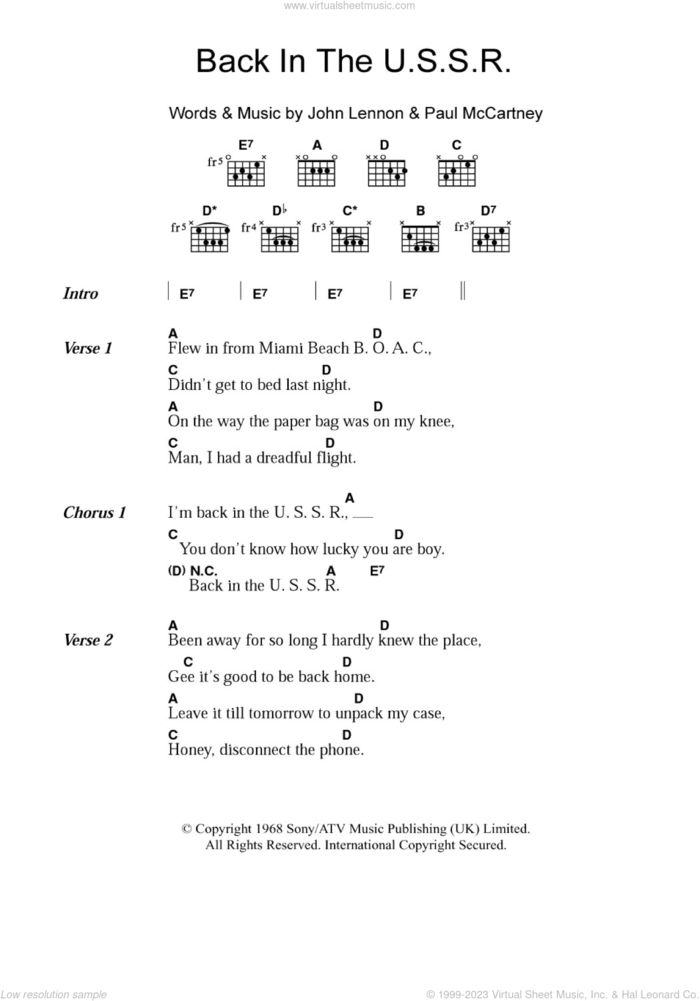 Back In The U.S.S.R. sheet music for guitar (chords) by The Beatles, John Lennon and Paul McCartney, intermediate skill level