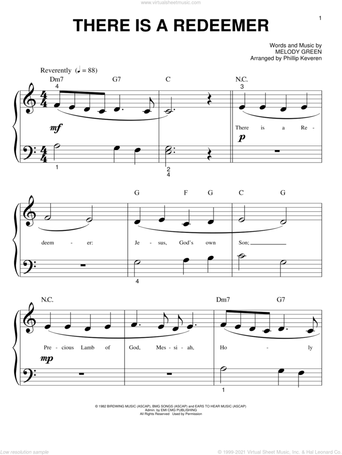 There Is A Redeemer (arr. Phillip Keveren) sheet music for piano solo (big note book) by Keith Green, Phillip Keveren and Melody Green, easy piano (big note book)