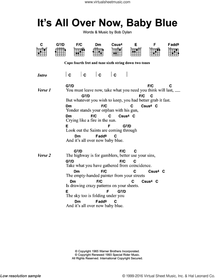 It's All Over Now, Baby Blue sheet music for guitar (chords) by Bob Dylan, intermediate skill level