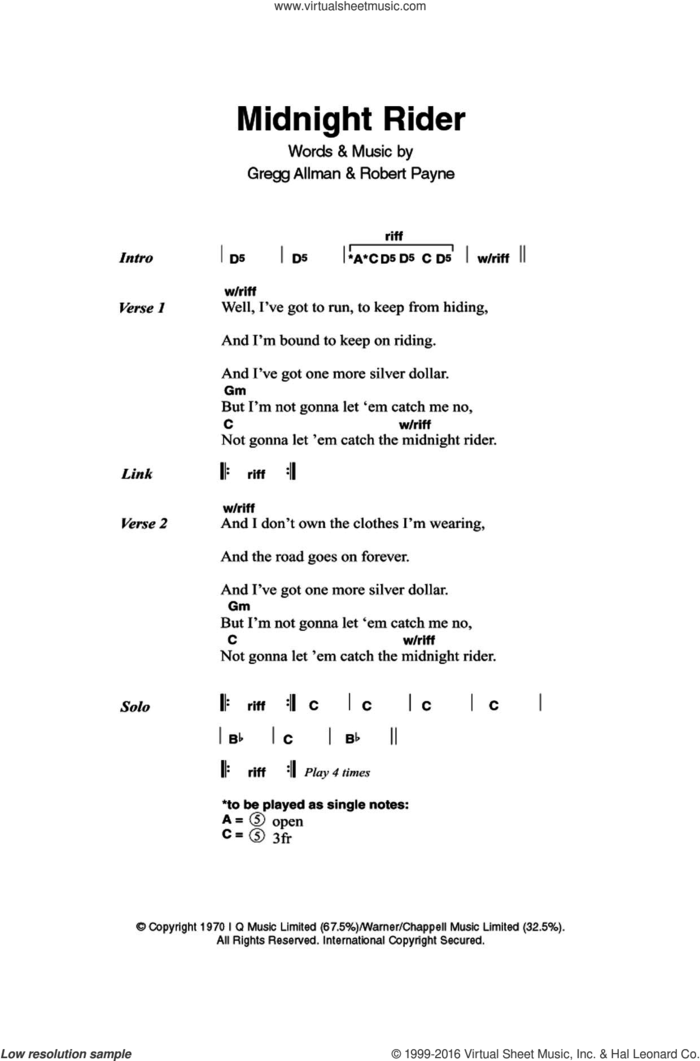 Midnight Rider sheet music for guitar (chords) by The Allman Brothers Band, Paul Davidson, Gregg Allman and Robert Payne, intermediate skill level