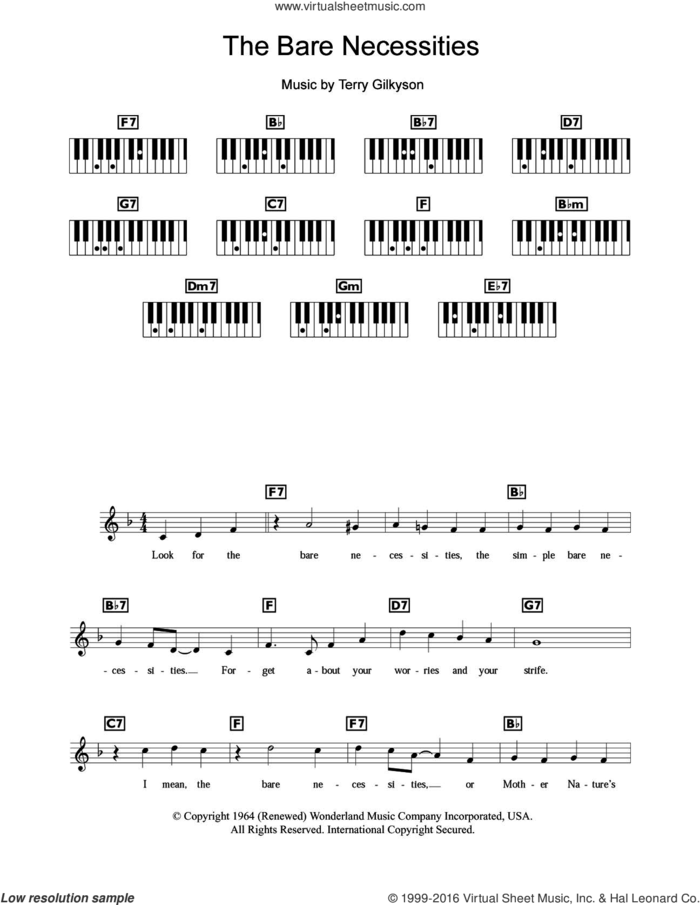 The Bare Necessities (from Disney's The Jungle Book) sheet music for piano solo (chords, lyrics, melody) by Terry Gilkyson, intermediate piano (chords, lyrics, melody)