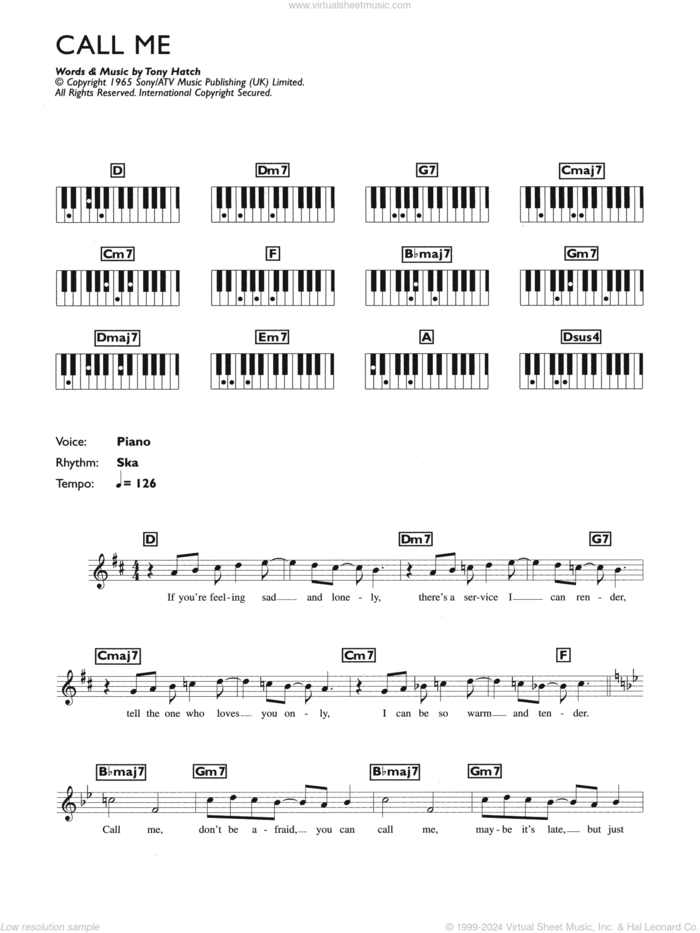 Call Me sheet music for piano solo (keyboard) by Blondie, Lea DeLaria, Petula Clark, Deborah Harry, Giorgio Moroder and Tony Hatch, intermediate piano (keyboard)