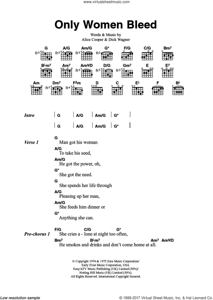 Only Women Bleed sheet music for guitar (chords) by Alice Cooper and Dick Wagner, intermediate skill level
