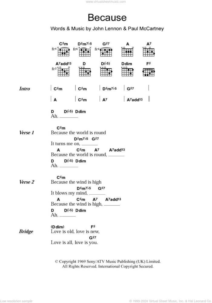 Because sheet music for guitar (chords) by The Beatles, John Lennon and Paul McCartney, intermediate skill level