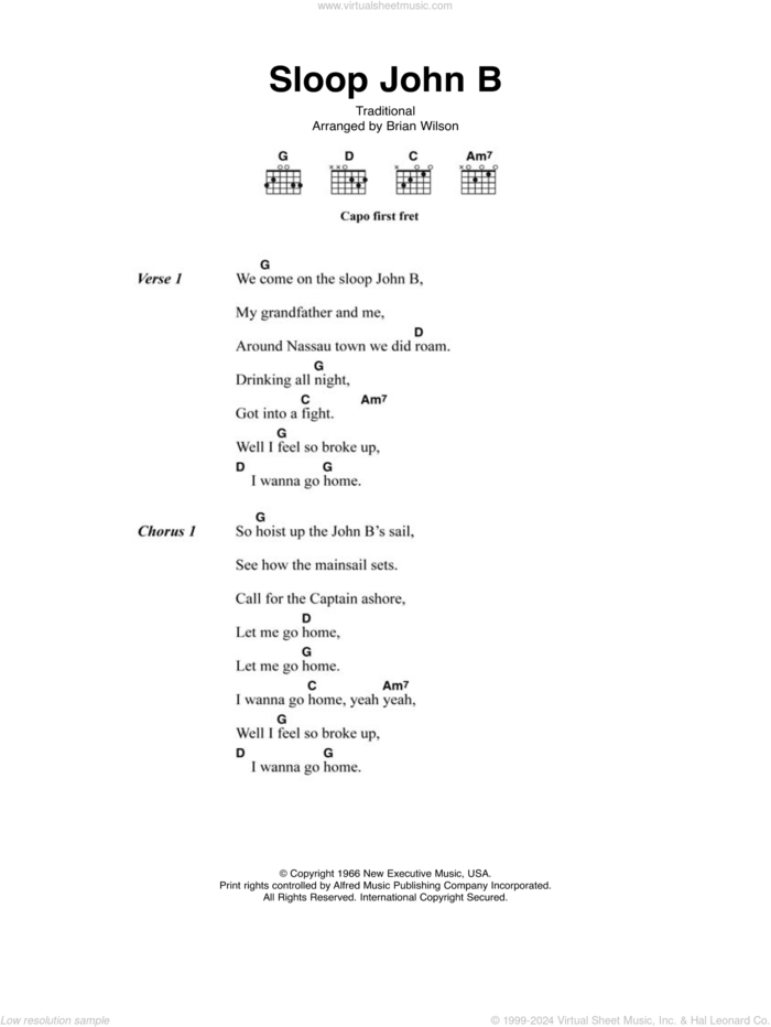 Sloop John B sheet music for guitar (chords) by The Beach Boys and Miscellaneous, intermediate skill level