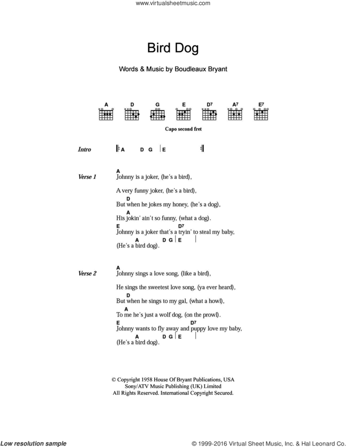 Bird Dog sheet music for guitar (chords) by The Everly Brothers and Boudleaux Bryant, intermediate skill level