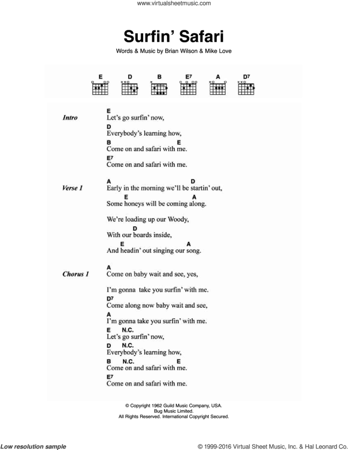 Surfin' Safari sheet music for guitar (chords) by The Beach Boys, Brian Wilson and Mike Love, intermediate skill level