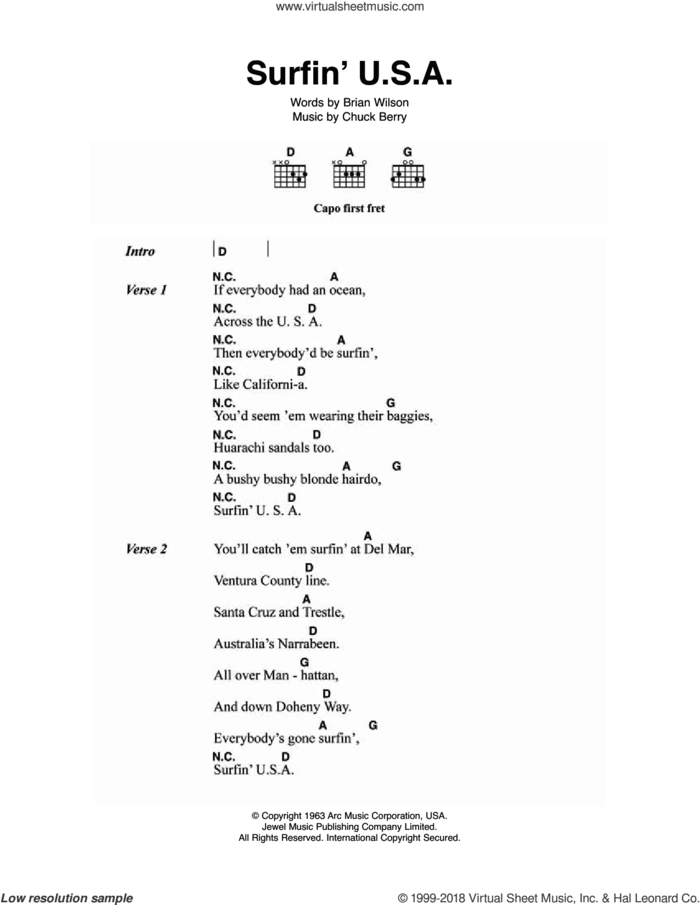Surfin' U.S.A. sheet music for guitar (chords) by The Beach Boys, Brian Wilson and Chuck Berry, intermediate skill level