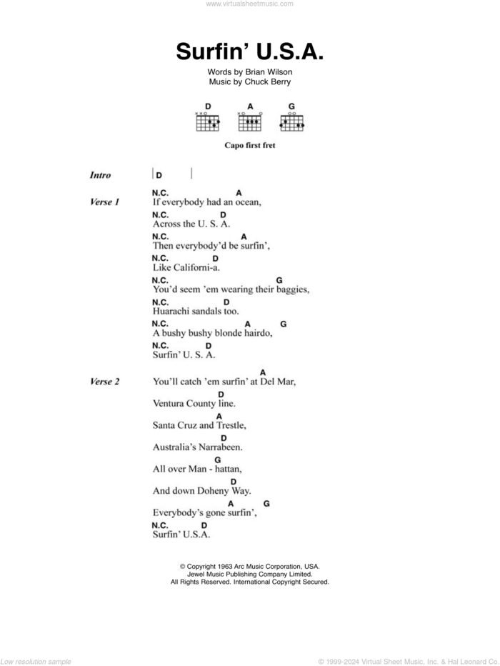 Surfin' U.S.A. sheet music for guitar (chords) by The Beach Boys, Brian Wilson and Chuck Berry, intermediate skill level