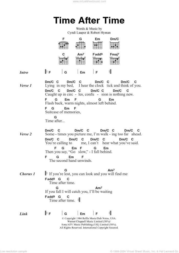 Time After Time sheet music for guitar (chords) by Cyndi Lauper and Rob Hyman, intermediate skill level