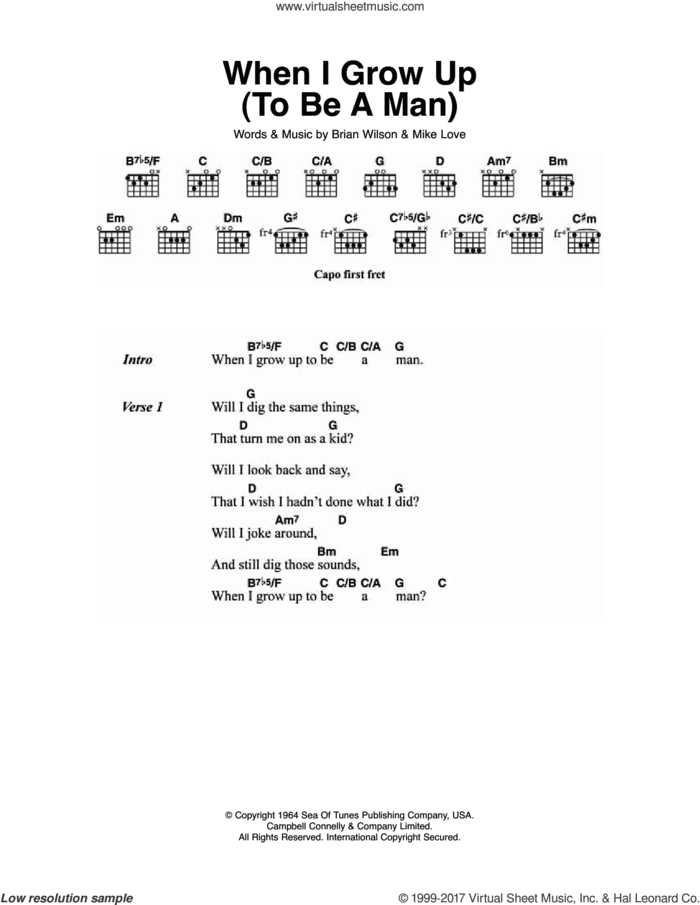 When I Grow Up (To Be A Man) sheet music for guitar (chords) by The Beach Boys, Brian Wilson and Mike Love, intermediate skill level