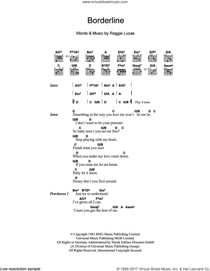 Borderline sheet music for guitar (chords) by Madonna and Reggie Lucas, intermediate skill level