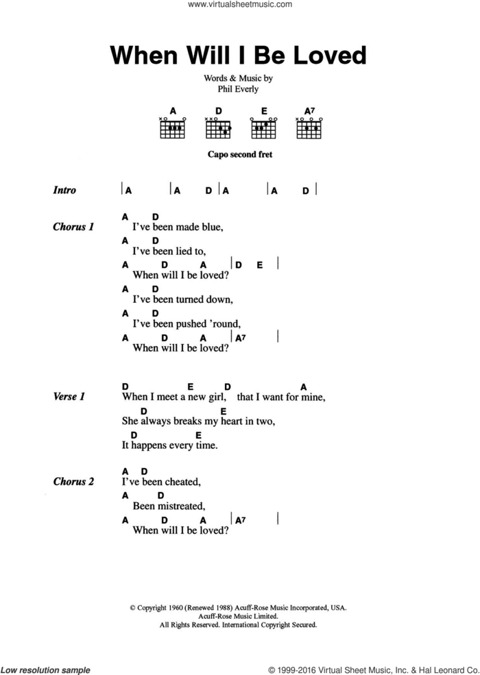 When Will I Be Loved? sheet music for guitar (chords) by The Everly Brothers and Phil Everly, intermediate skill level