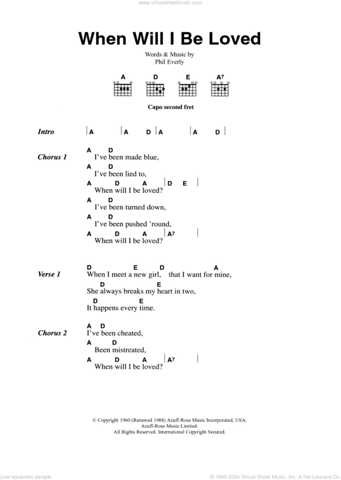 When Will I Be Loved? sheet music for guitar (chords) by The Everly Brothers and Phil Everly, intermediate skill level