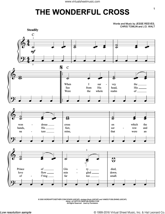 The Wonderful Cross, (easy) sheet music for piano solo by Chris Tomlin, Phillips, Craig & Dean, J.D. Walt and Jesse Reeves, easy skill level