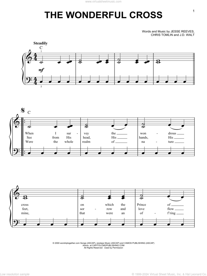 The Wonderful Cross, (easy) sheet music for piano solo by Chris Tomlin, Phillips, Craig & Dean, J.D. Walt and Jesse Reeves, easy skill level