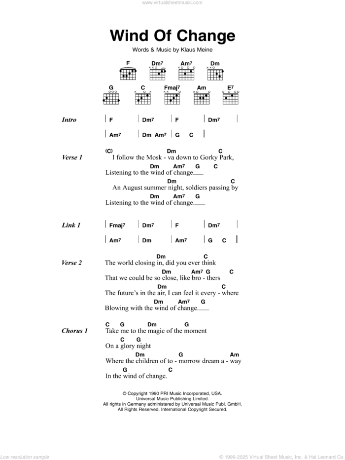 Wind Of Change sheet music for guitar (chords) by Scorpions and Klaus Meine, intermediate skill level