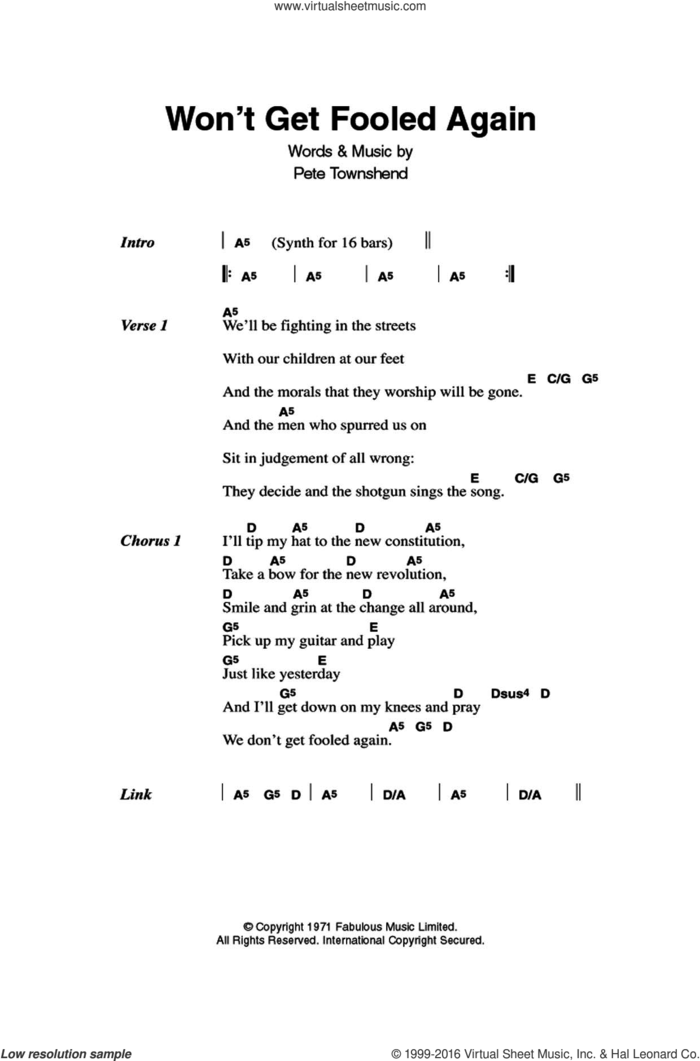 Won't Get Fooled Again sheet music for guitar (chords) by The Who and Pete Townshend, intermediate skill level