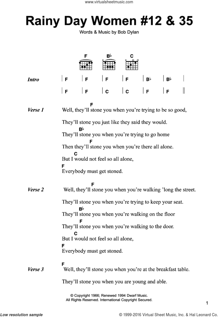 Rainy Day Women #12 and 35 sheet music for guitar (chords) by Bob Dylan, intermediate skill level
