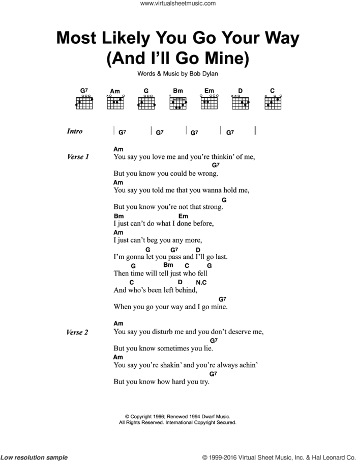 Most Likely You Go Your Way (And I'll Go Mine) sheet music for guitar (chords) by Bob Dylan, intermediate skill level
