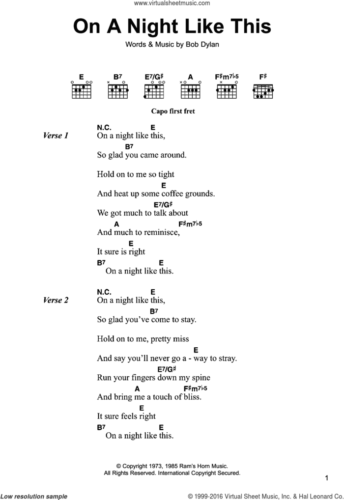 On A Night Like This sheet music for guitar (chords) by Bob Dylan, intermediate skill level