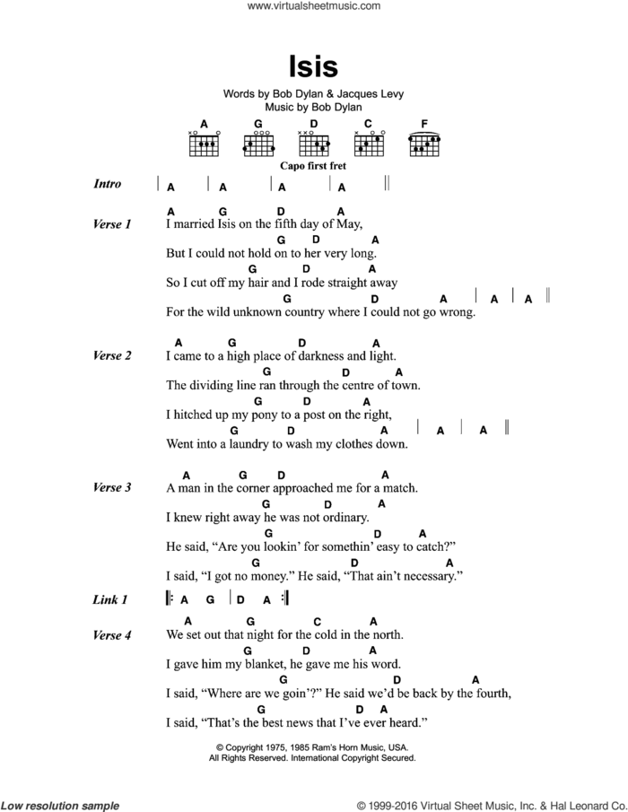 Isis sheet music for guitar (chords) by Bob Dylan and Jacques Levy, intermediate skill level