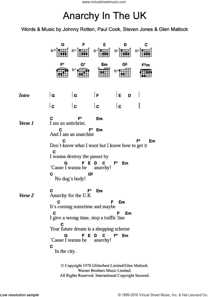 Anarchy In The UK sheet music for guitar (chords) by The Sex Pistols, Glen Matlock, Johnny Rotten, Paul Thomas Cook and Steve Jones, intermediate skill level
