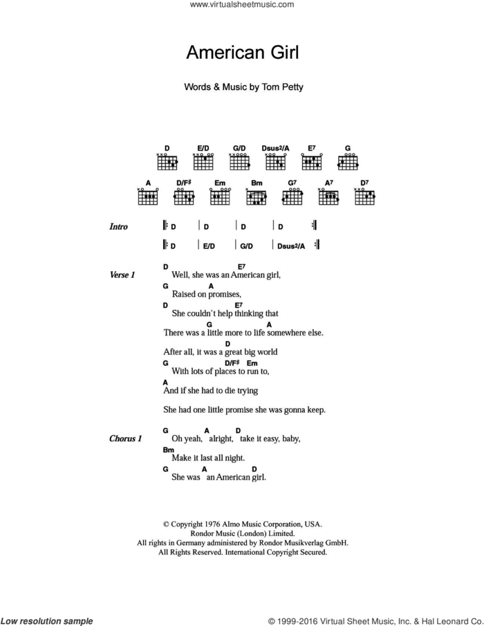 American Girl sheet music for guitar (chords) by Tom Petty and Tom Petty And The Heartbreakers, intermediate skill level