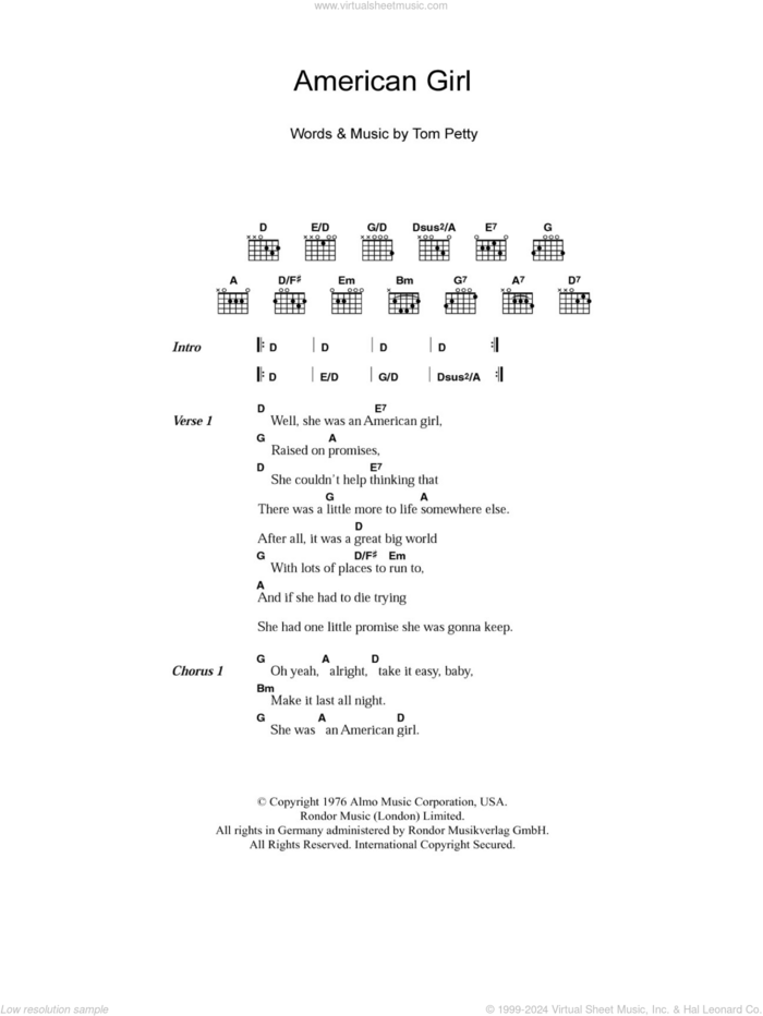 American Girl sheet music for guitar (chords) by Tom Petty and Tom Petty And The Heartbreakers, intermediate skill level