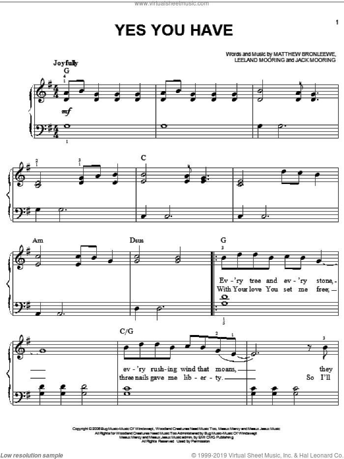 Yes You Have sheet music for piano solo by Leeland, Jack Mooring, Leeland Mooring and Matt Bronleewe, easy skill level