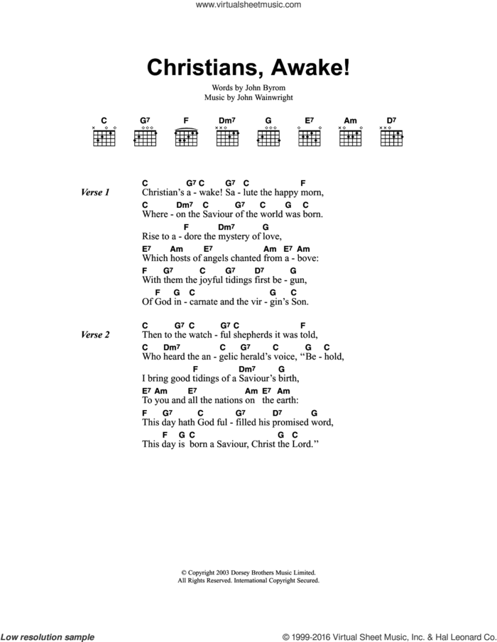 Christians Awake sheet music for guitar (chords) by John Byrom, Miscellaneous and John Wainwright, intermediate skill level
