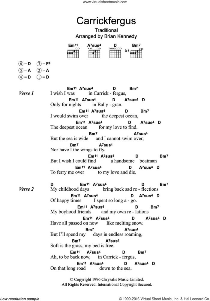 Carrickfergus sheet music for guitar (chords) by Brian Kennedy and Miscellaneous, intermediate skill level