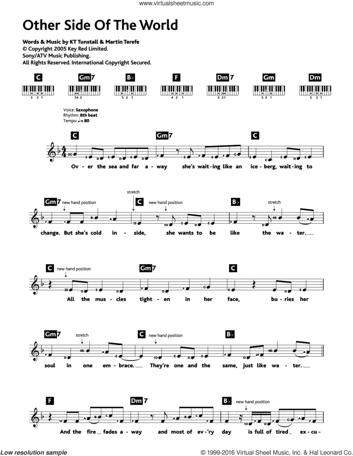 Other Side Of The World sheet music for piano solo (chords, lyrics, melody) by KT Tunstall and Martin Terefe, intermediate piano (chords, lyrics, melody)