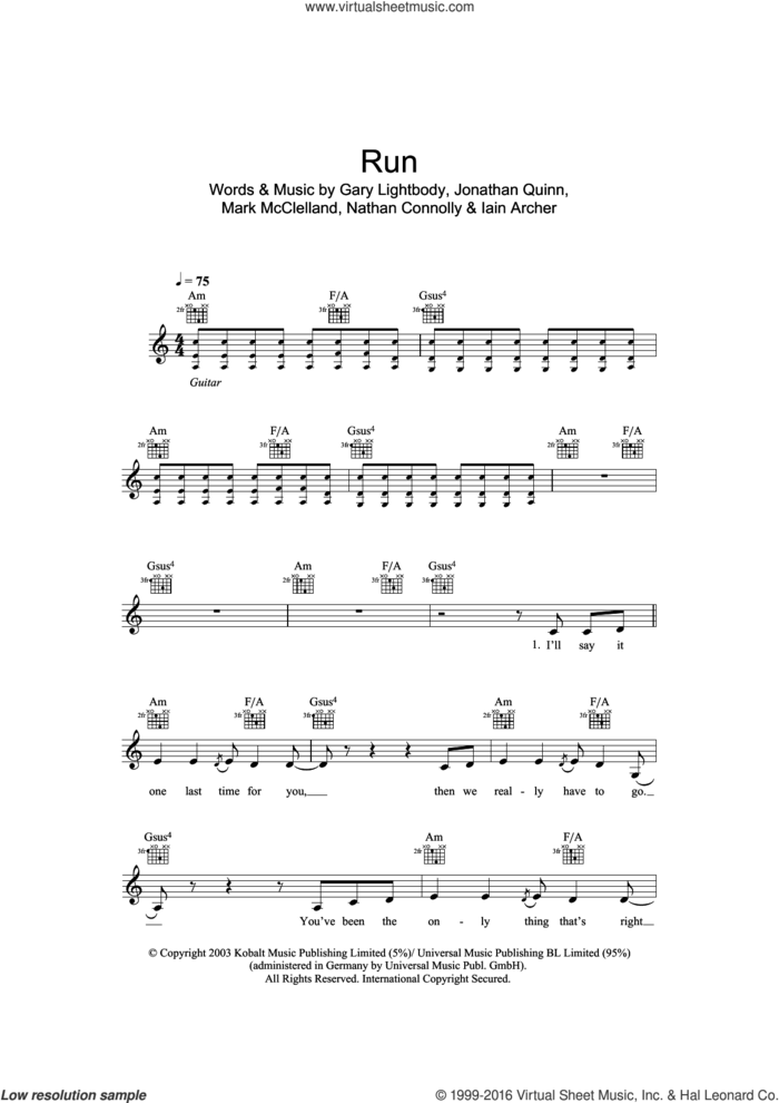 Run sheet music for voice and other instruments (fake book) by Snow Patrol, Gary Lightbody, Iain Archer, Jonathan Quinn, Mark McClelland and Nathan Connolly, intermediate skill level