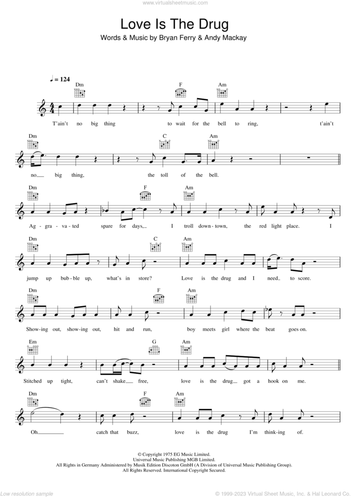 Love Is The Drug sheet music for voice and other instruments (fake book) by Roxy Music, Andy Mackay and Bryan Ferry, intermediate skill level