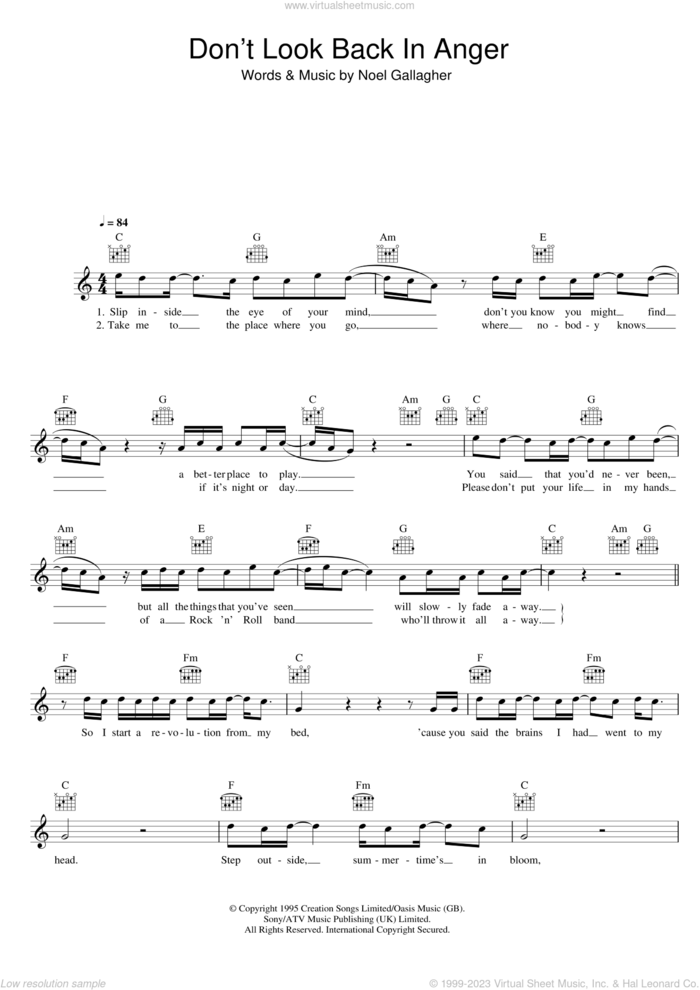 Don't Look Back In Anger sheet music for voice and other instruments (fake book) by Oasis and Noel Gallagher, intermediate skill level