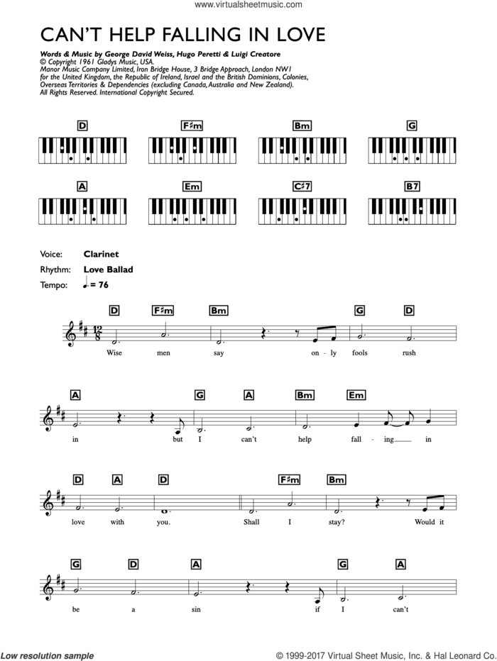 Can't Help Falling In Love sheet music for piano solo (chords, lyrics, melody) by Elvis Presley, George David Weiss, Hugo Peretti and Luigi Creatore, wedding score, intermediate piano (chords, lyrics, melody)