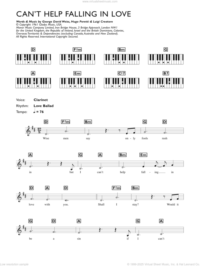 Can't Help Falling In Love sheet music for piano solo (chords, lyrics, melody) by Elvis Presley, George David Weiss, Hugo Peretti and Luigi Creatore, wedding score, intermediate piano (chords, lyrics, melody)