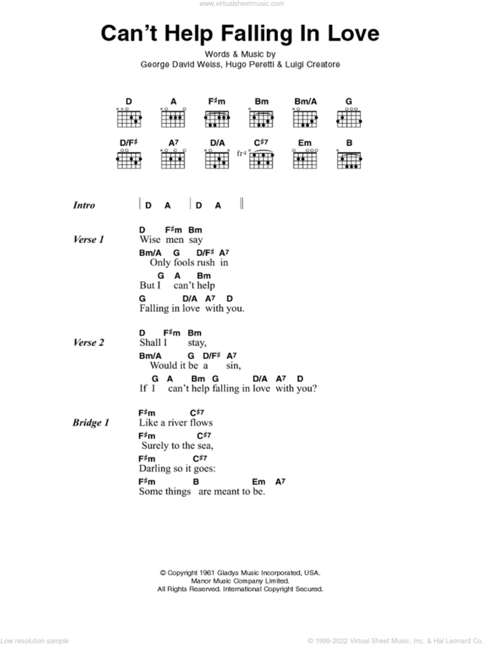 Can't Help Falling In Love sheet music for guitar (chords) by Elvis Presley, George David Weiss, Hugo Peretti and Luigi Creatore, wedding score, intermediate skill level