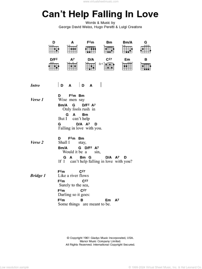 Can't Help Falling In Love sheet music for guitar (chords) by Elvis Presley, George David Weiss, Hugo Peretti and Luigi Creatore, wedding score, intermediate skill level