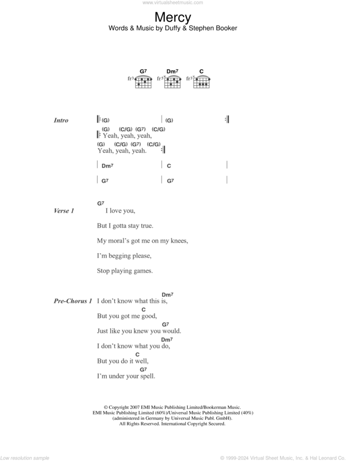 Mercy sheet music for guitar (chords) by Duffy, Aimee Duffy and Steve Booker, intermediate skill level