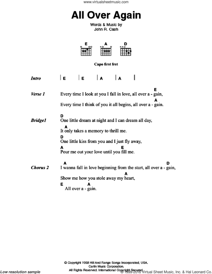 All Over Again sheet music for guitar (chords) by Johnny Cash, intermediate skill level