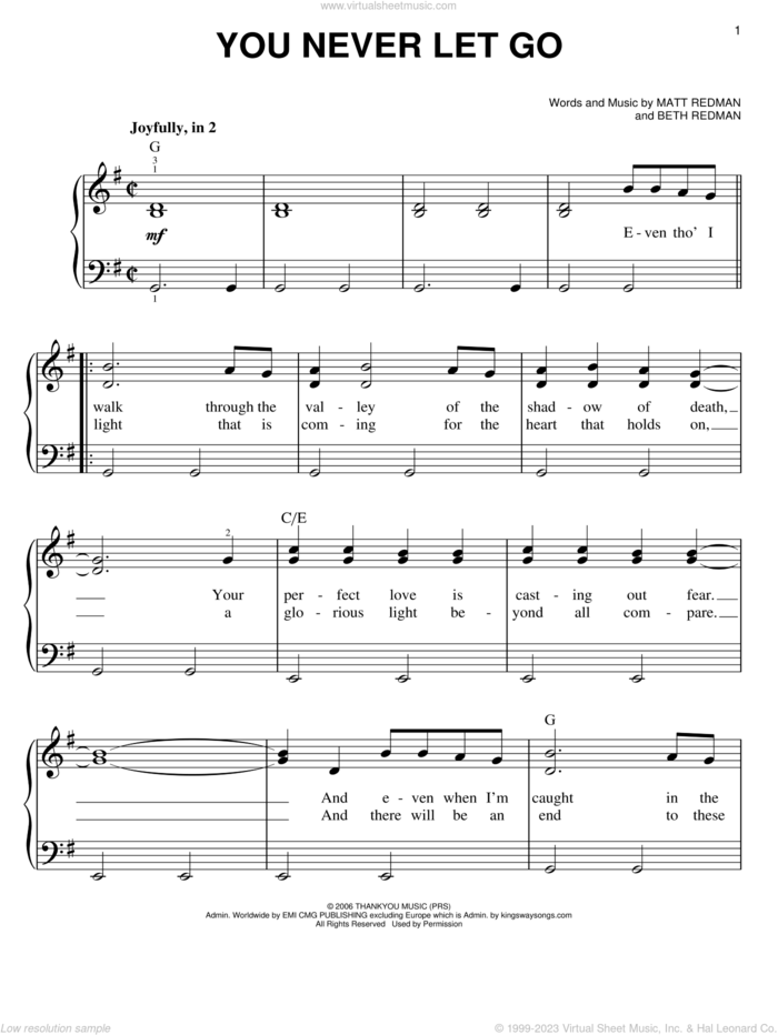 You Never Let Go sheet music for piano solo by Matt Redman and Beth Redman, easy skill level