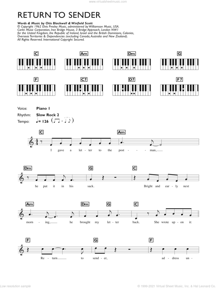 Return To Sender sheet music for piano solo (chords, lyrics, melody) by Elvis Presley, Otis Blackwell and Winfield Scott, intermediate piano (chords, lyrics, melody)